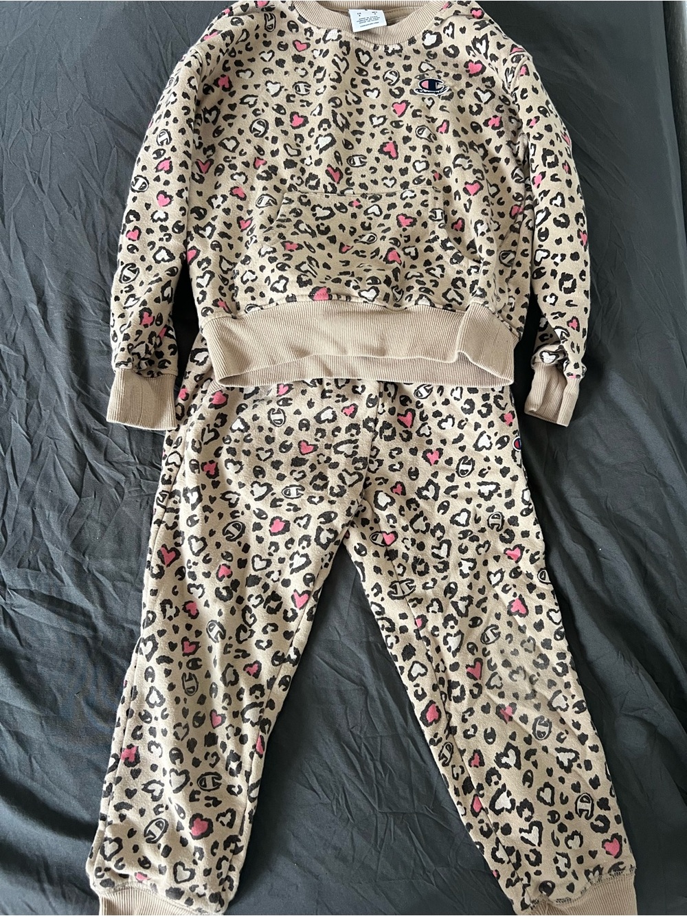 Champion Tan Leopard-Print Kids Pajama Set with Pink Hearts